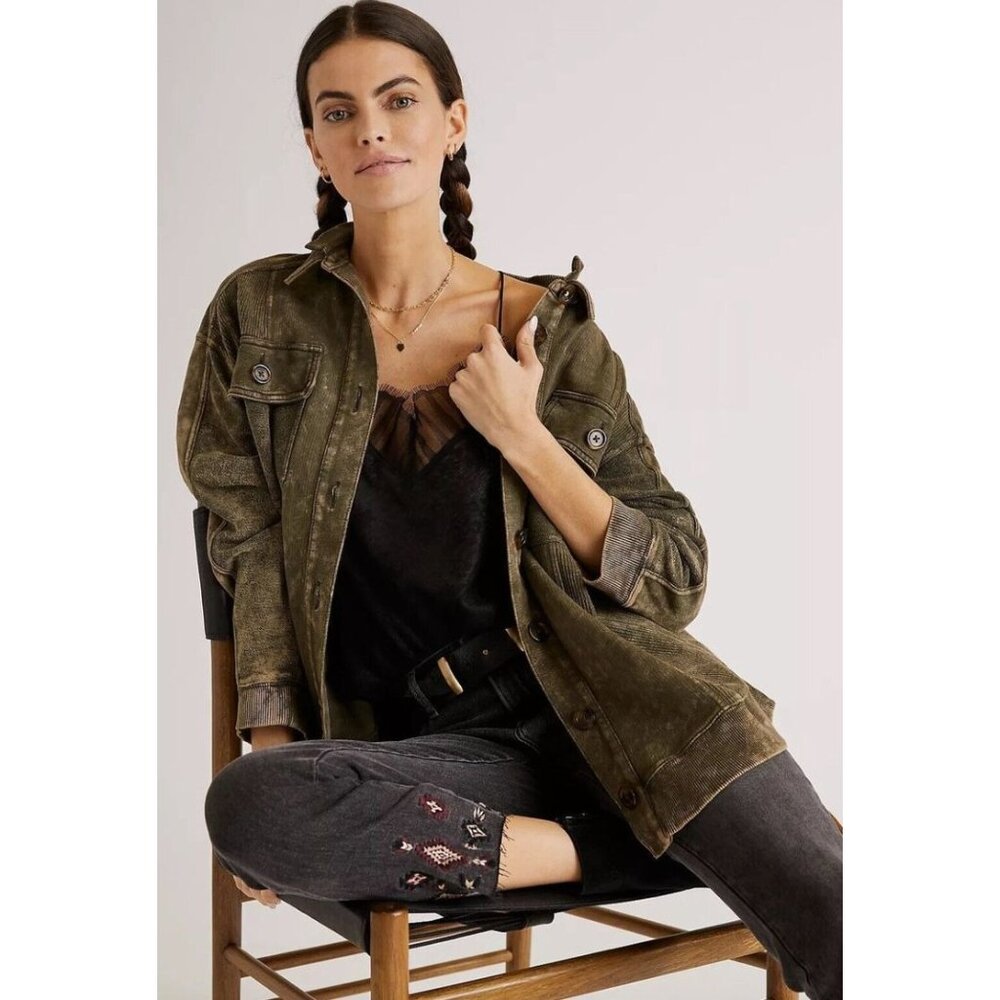 Anthropologie‎ PILCRO Medium Relaxed Distressed Shirt Jacket Shacket Moss Green